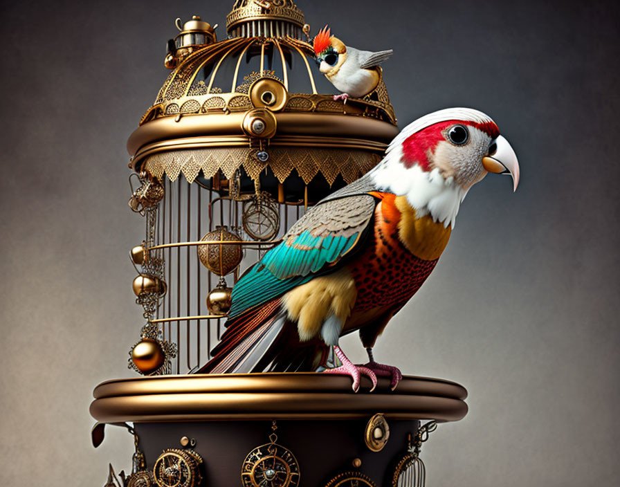 Colorful Parrot on Steampunk Birdcage with Gears and Clocks