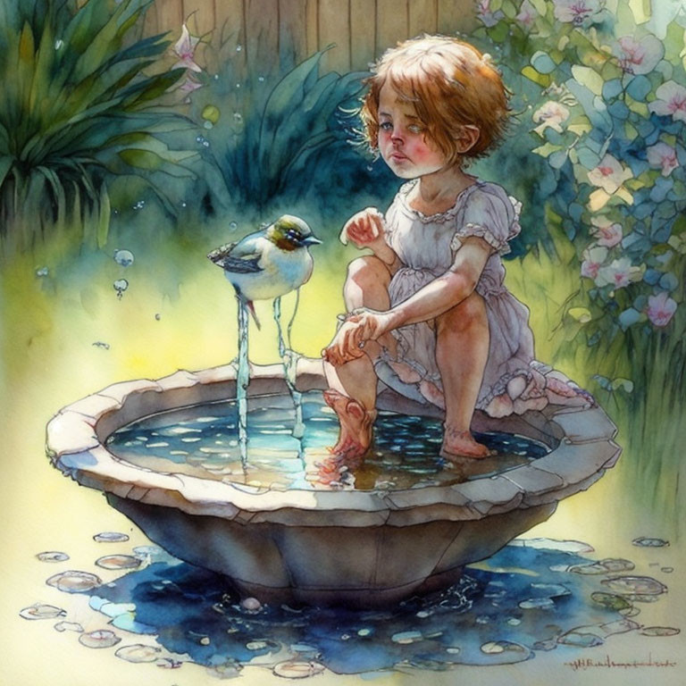 Young girl in pink dress by bird bath with bird and lush greenery