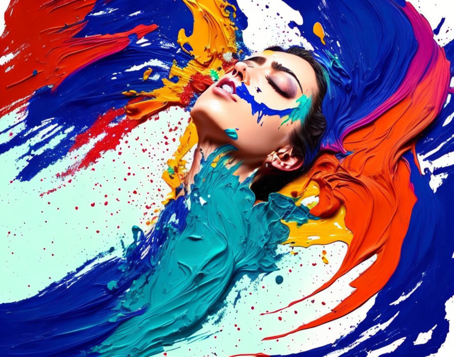 Portrait of Woman with Vibrant Blue, Orange, and Red Paint Streaks