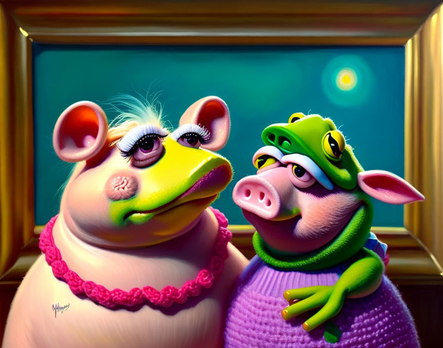 Stylized anthropomorphic pigs in pink and purple attire by a painting