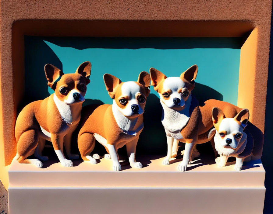 Four Cartoon-Style 3D Chihuahuas Sitting on Ledge