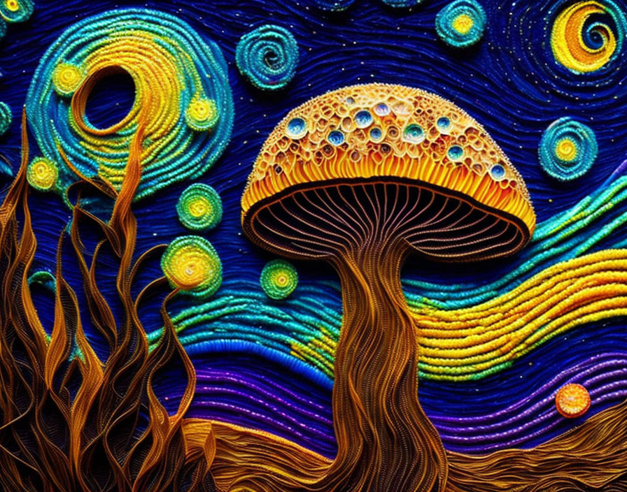 Colorful textured artwork: stylized mushroom on swirling backdrop