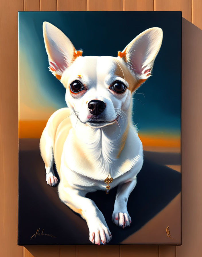 White Chihuahua Painting Against Sunset Backdrop with Large Ears and Golden Collar Charm