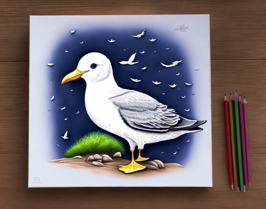 Realistic seagull illustration with yellow feet on rock, surrounded by plants, flock flying in background