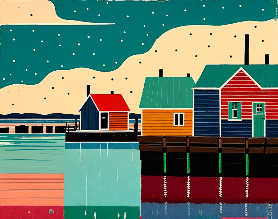 Vibrant illustration: Waterfront houses on stilts, pier, calm water, starry sky