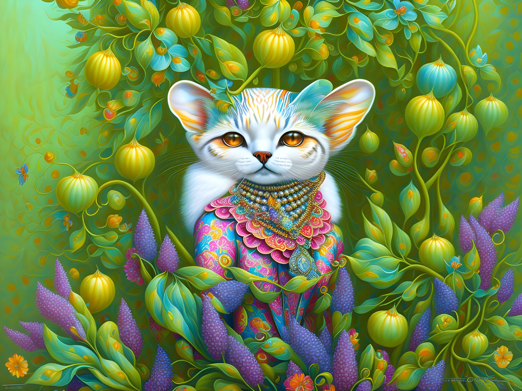Vibrant illustration of stylized cat with intricate patterns and jewelry