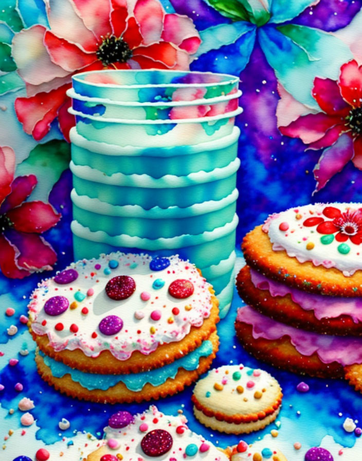 Colorful Still Life: Turquoise Vase, Pink Cookies, Floral Blue Backdrop