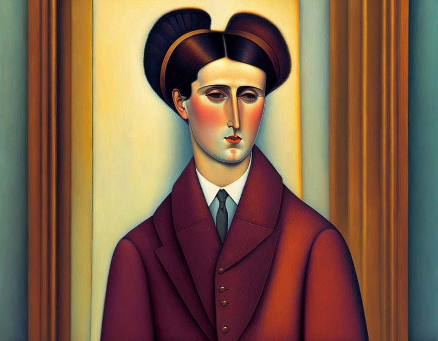 Solemn Person Portrait with Unique Hairstyle and Burgundy Coat