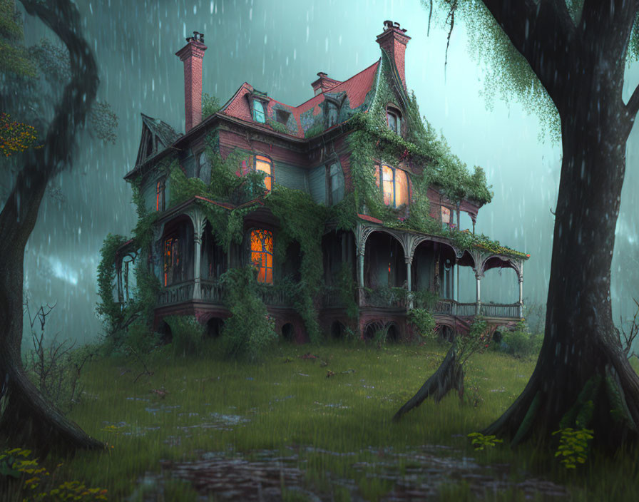 Victorian-style mansion in lush greenery under rainy twilight with warm glowing lights