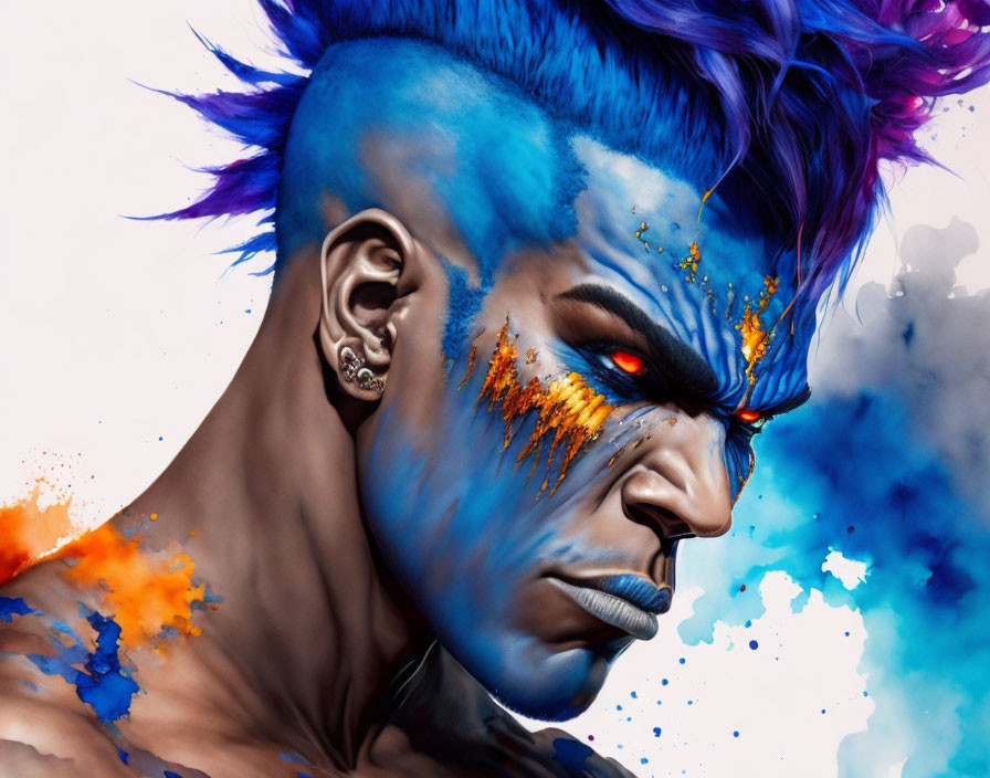 Vibrant blue hair and striking makeup portrait with intense gaze