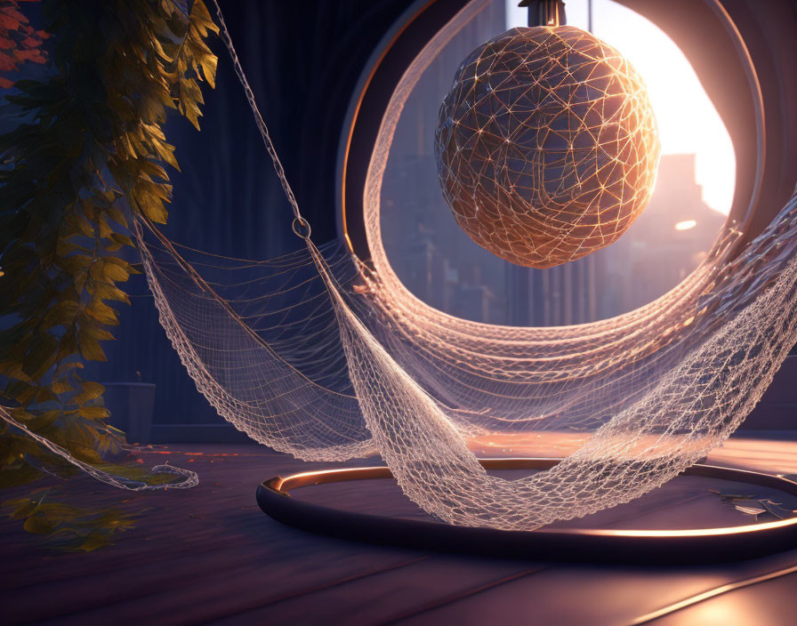 Tranquil room with hammock, art piece, city view, and foliage