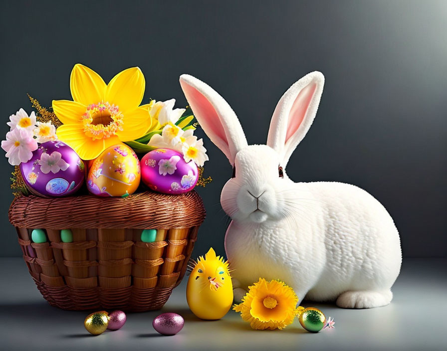 White Rabbit with Easter Eggs, Flowers, and Chick in Spring Scene