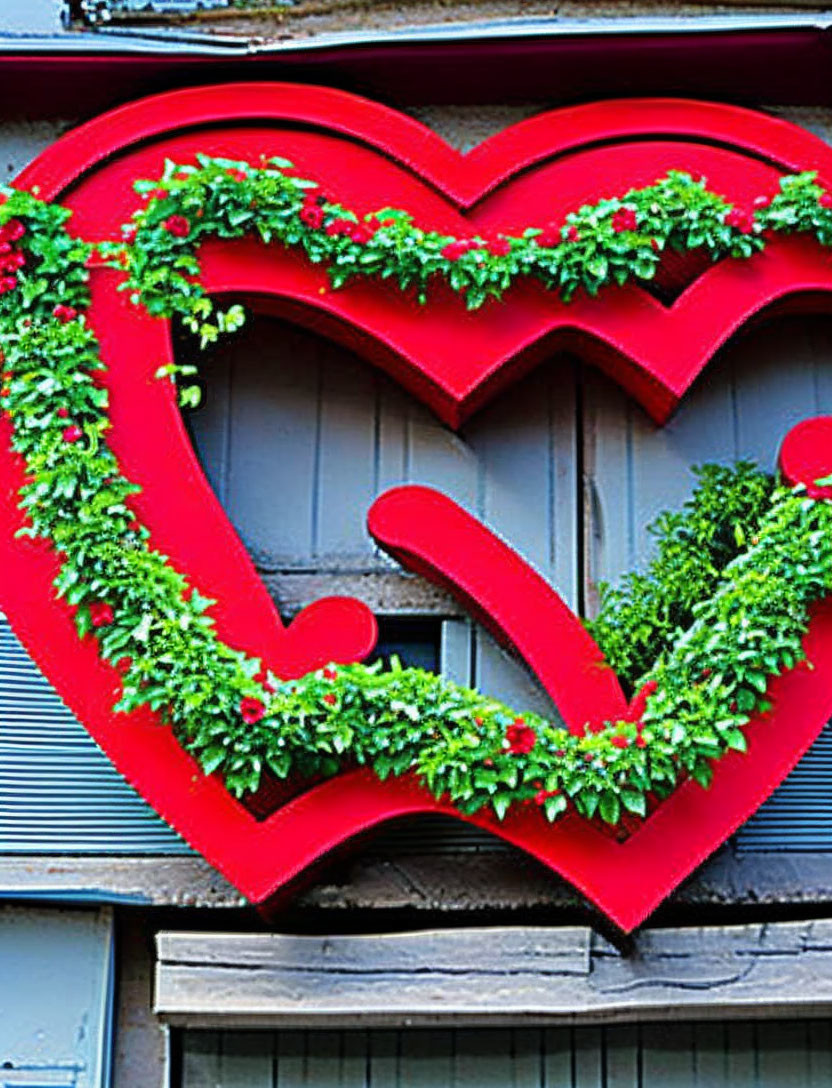 Red heart-shaped decoration with green foliage on gray wooden wall
