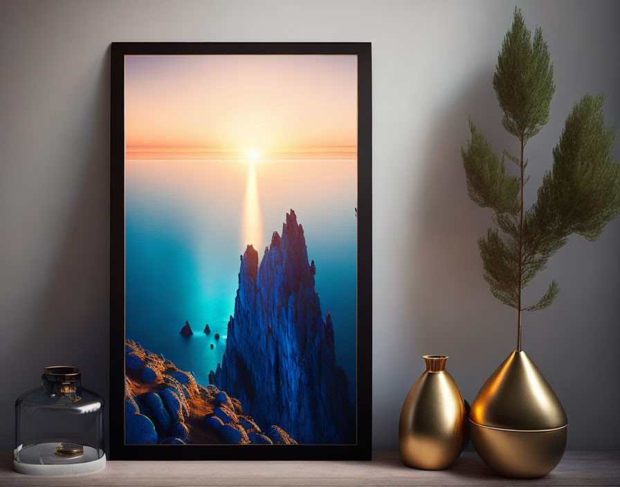 Seascape photograph of sunset with rock formation on shelf with vases and plant