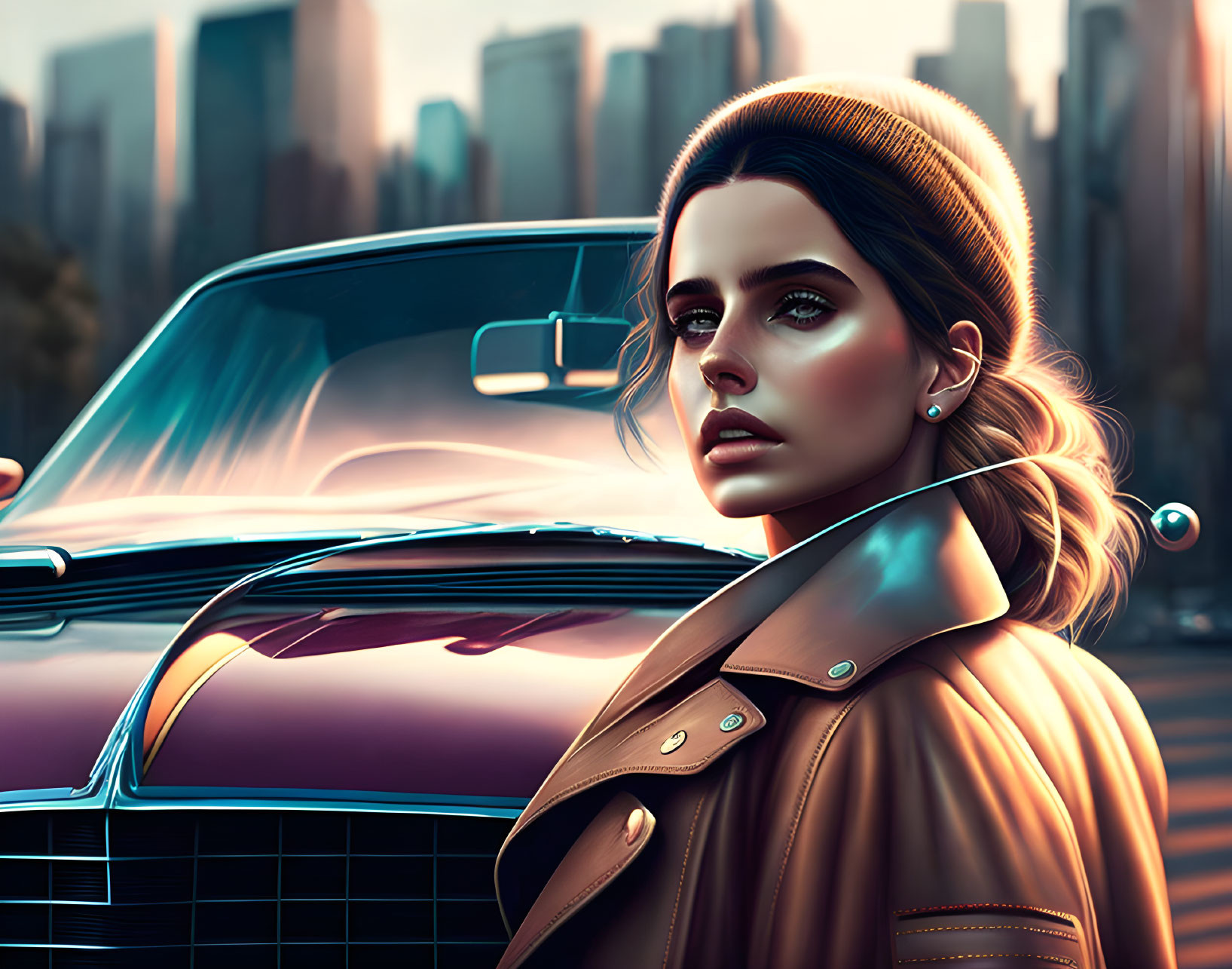 Stylized illustration of woman in beanie and coat leaning against classic car in golden hour cityscape