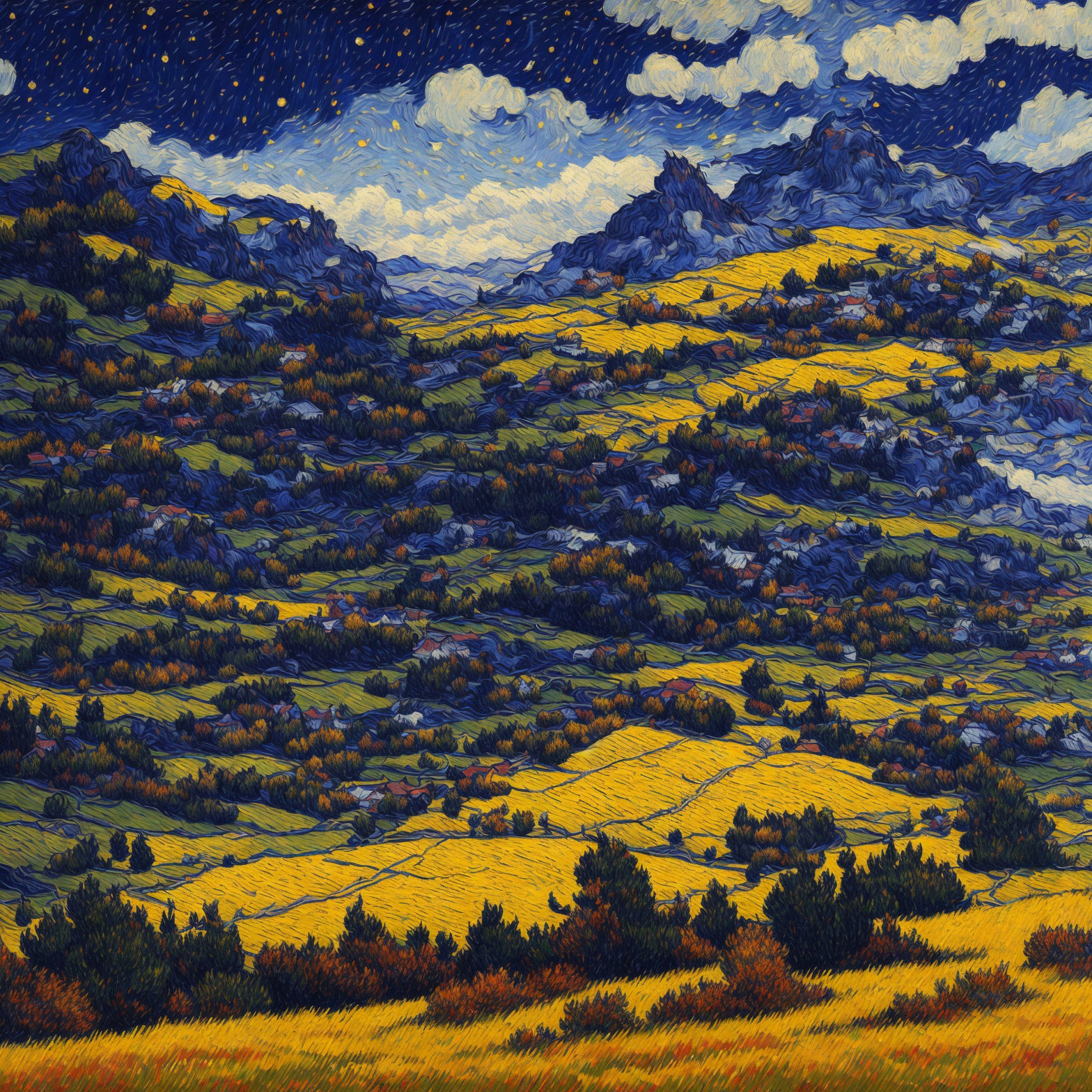 Colorful Van Gogh-style painting of rolling hills under a starry night