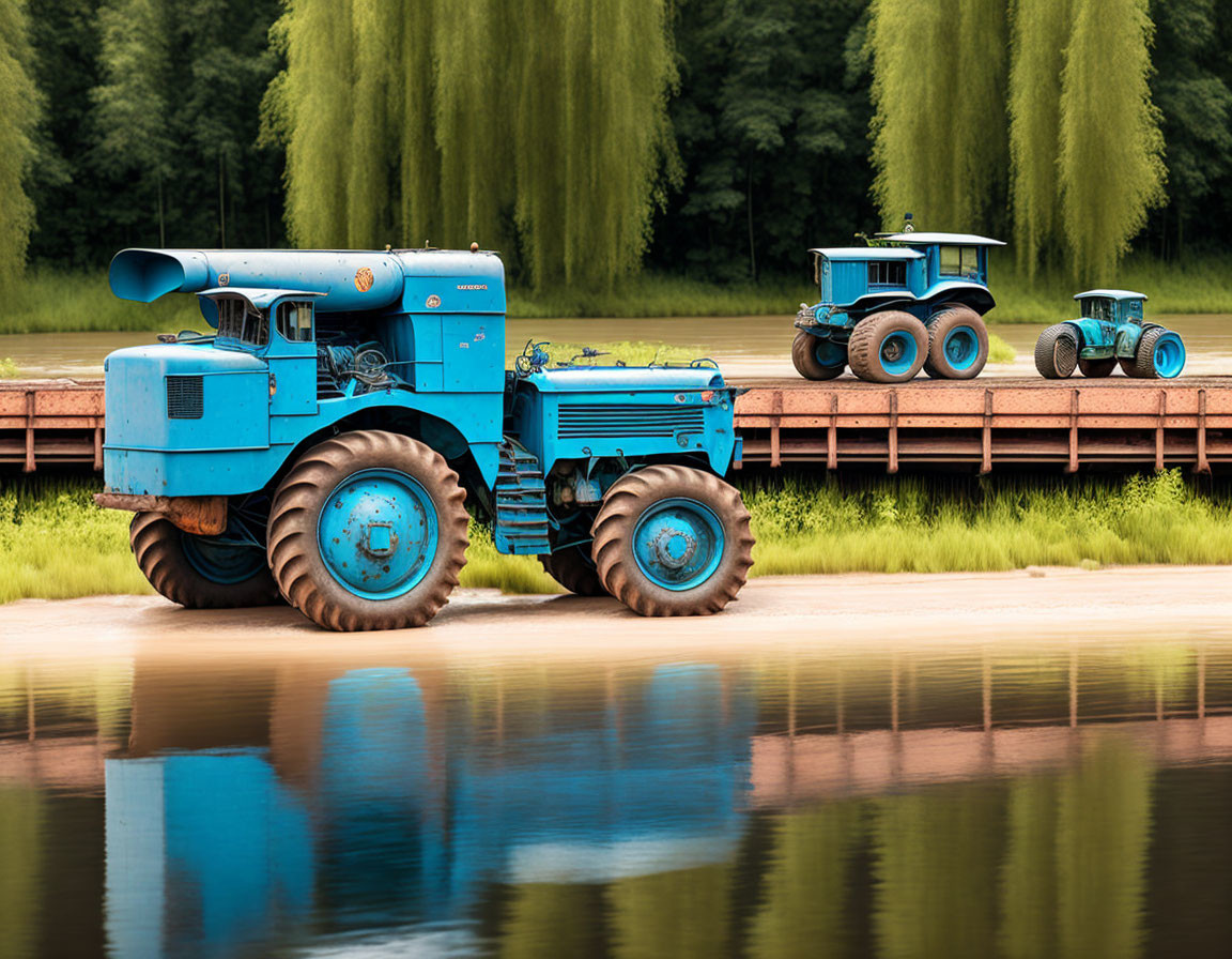 Vintage Blue Tractors on Bridge Over Calm River