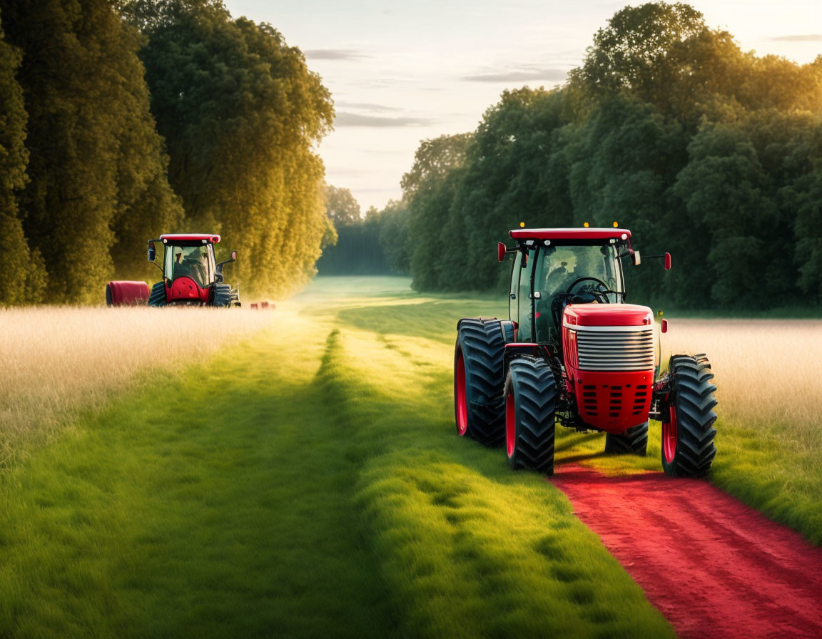 Red Tractors on Grassy Path at Sunrise