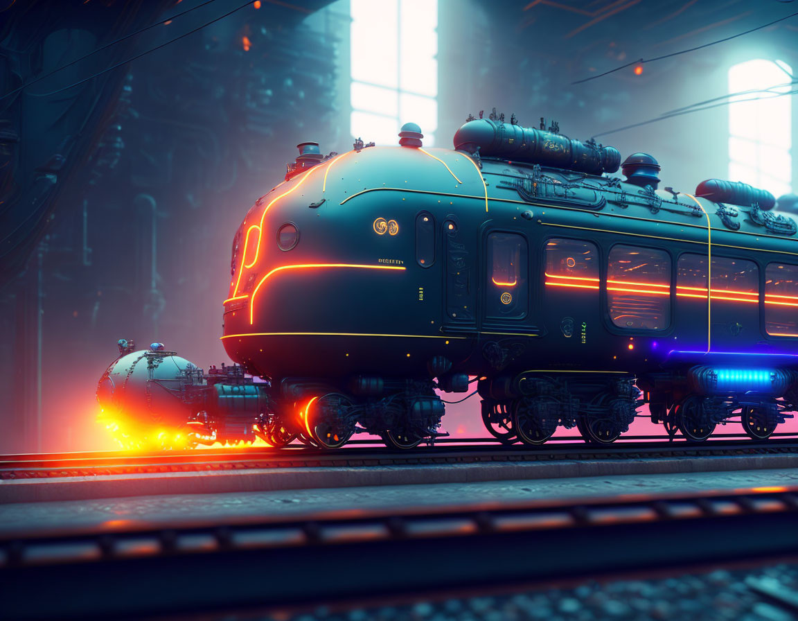 Futuristic train with blue underglow lights in dimly-lit industrial station
