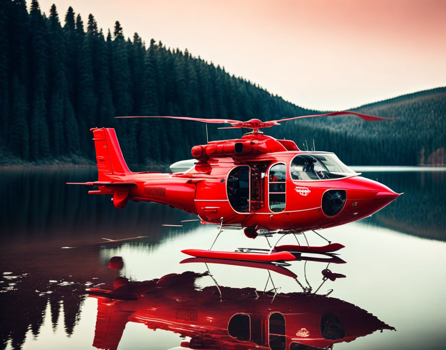 Red Helicopter on Tranquil Lake with Pine Forest Backdrop