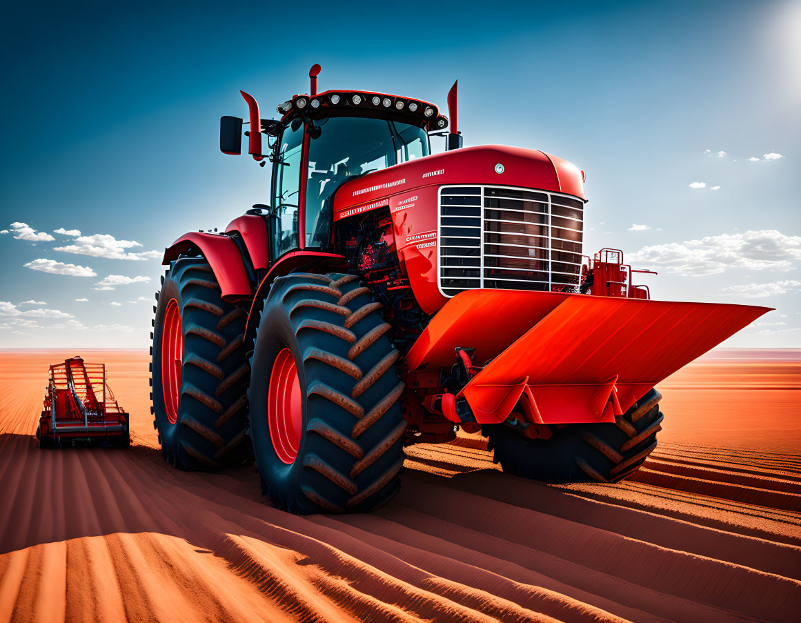 Red tractor with oversized tires and plow on sandy terrain under blue sky