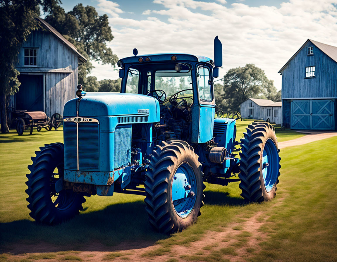 Vintage Blue Tractor Parked on Grass with Barns and Trees in Background