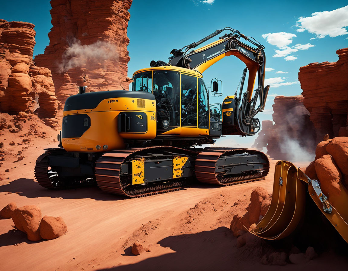 Yellow Tracked Excavator on Sandy Terrain with Red Rock Formations