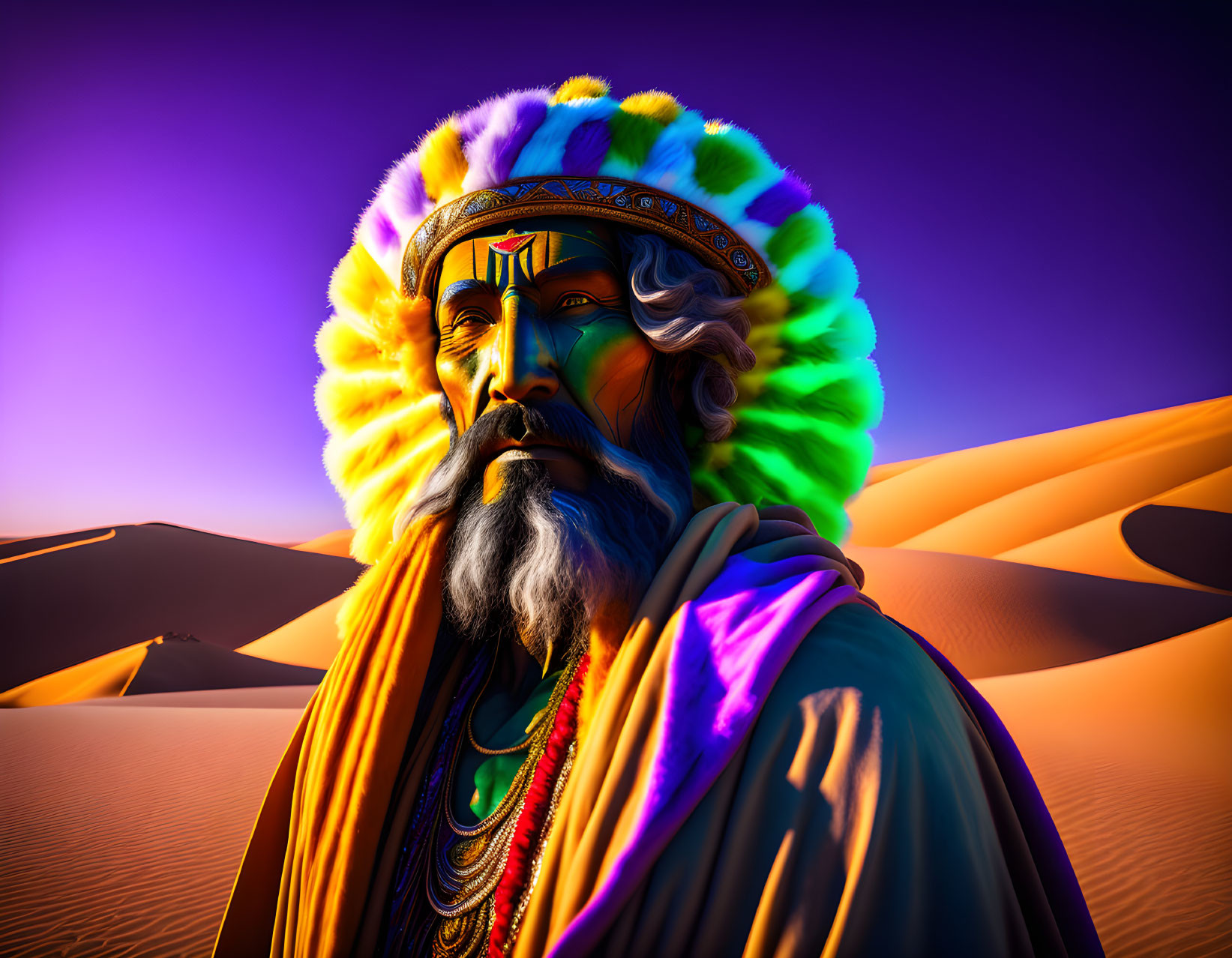 Colorful illustration of wise man in regal attire in desert at dusk
