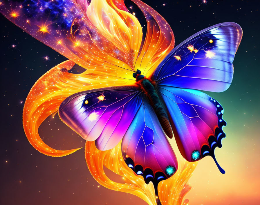 Colorful Butterfly Digital Artwork Against Starry Night Sky