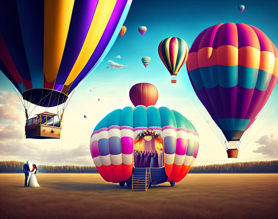 Whimsically decorated hot air balloon wedding scene at sunset