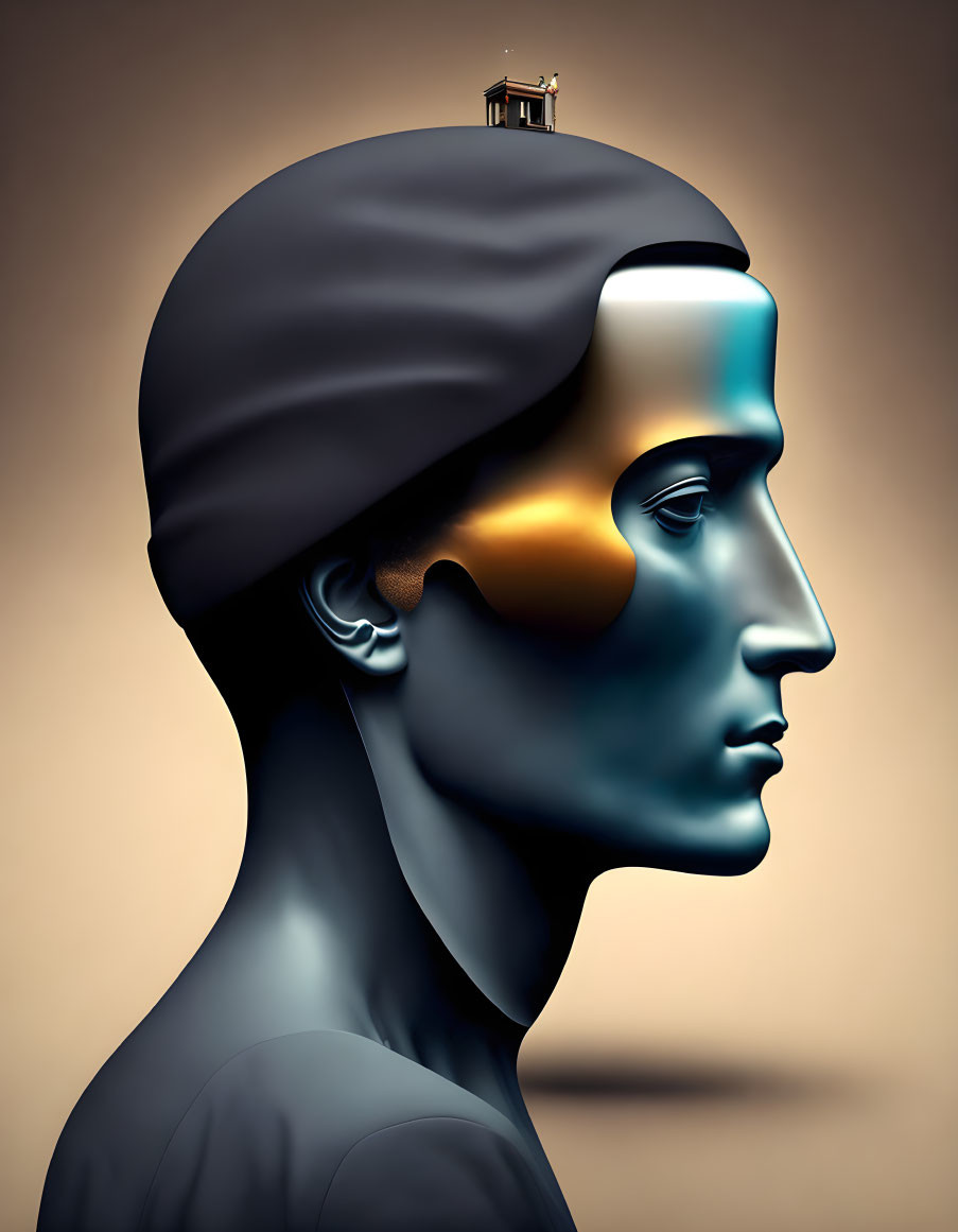 Surreal profile illustration with house on head symbolizing mind's complexities
