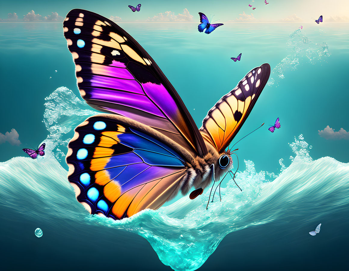Colorful Butterfly Soaring over Turquoise Ocean