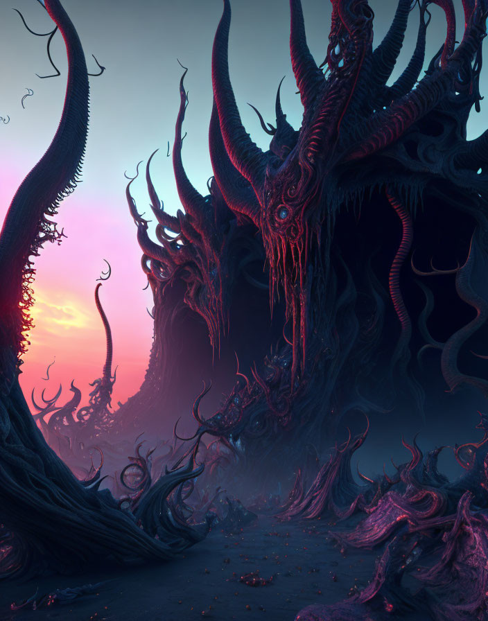 Alien landscape with towering tentacle-like structures under pink and blue sky