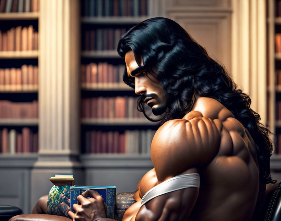 Muscular man with long dark hair reading book in library
