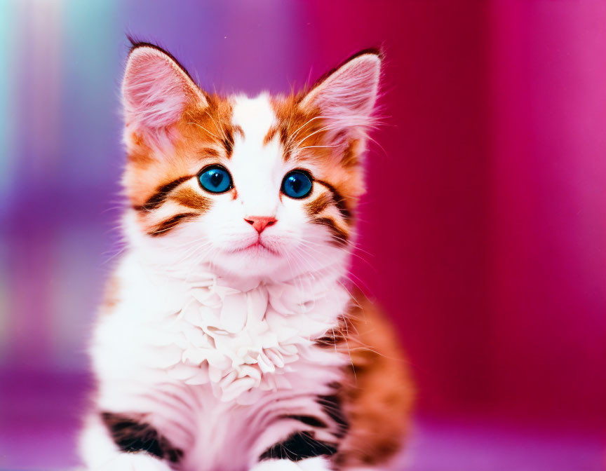 Adorable kitten with blue eyes and ruffled collar on pink and purple backdrop
