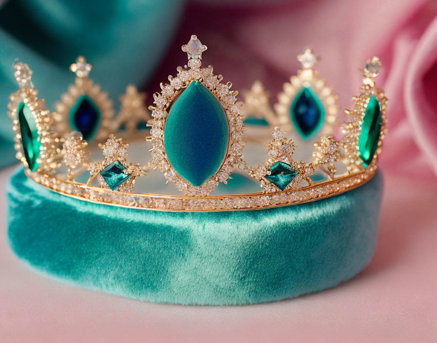 Golden Tiara with Diamonds, Emeralds, and Sapphires on Teal Velvet Cushion
