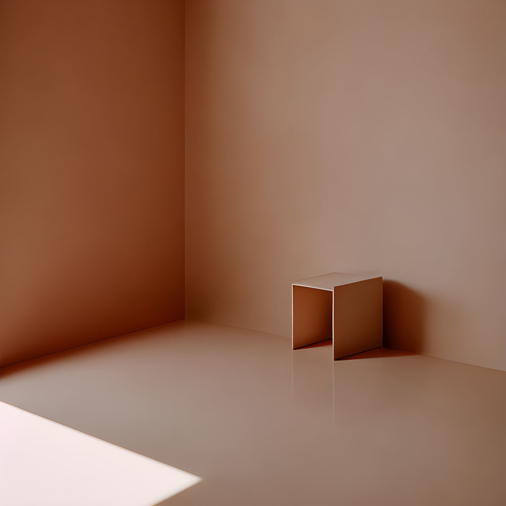Cube in Minimalist Interior with Soft Lighting and Shadow on Brown Background
