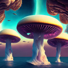 Surreal landscape with oversized mushroom-like trees and floating islands under purple underglow