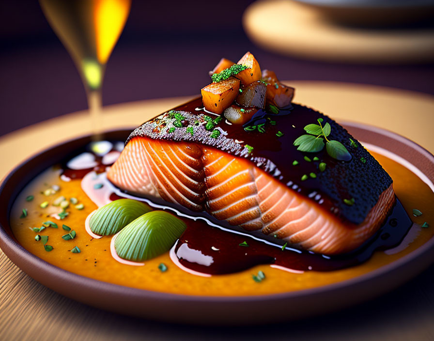 Grilled Salmon Fillet with Glaze, Herbs, and Vegetables on Plate