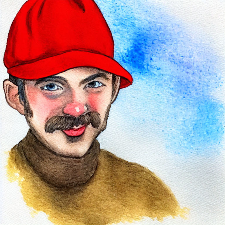 Smiling man portrait in watercolor with red cap and brown mustache