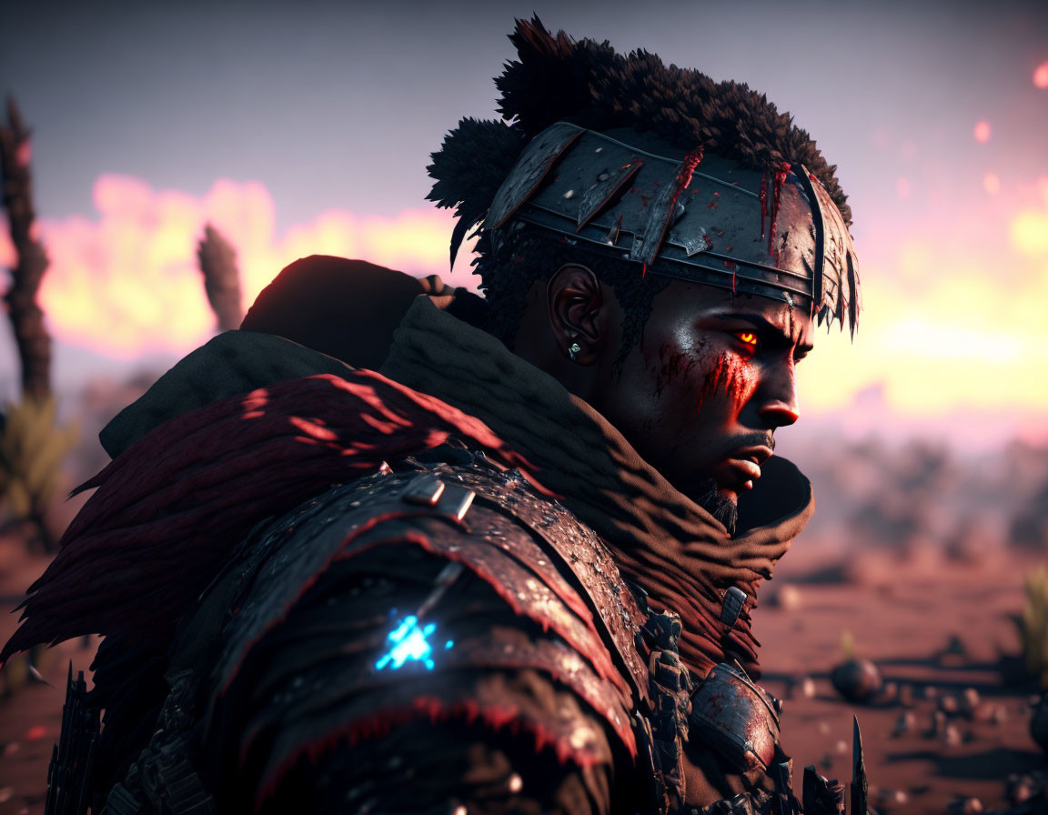 Warrior with painted face and armored headband against dusky sky