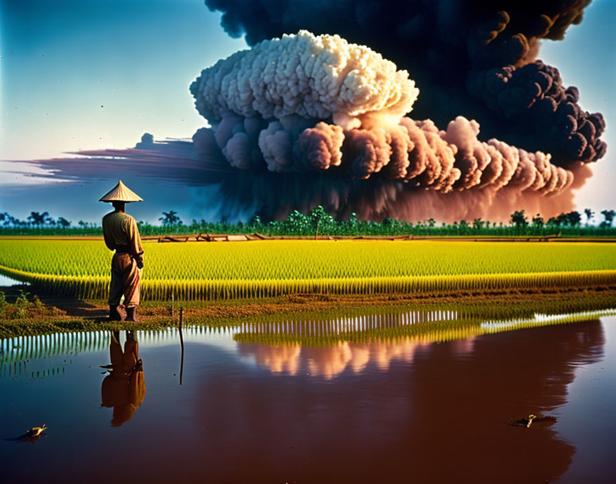 Person in Traditional Attire Observing Smoke in Rice Paddy