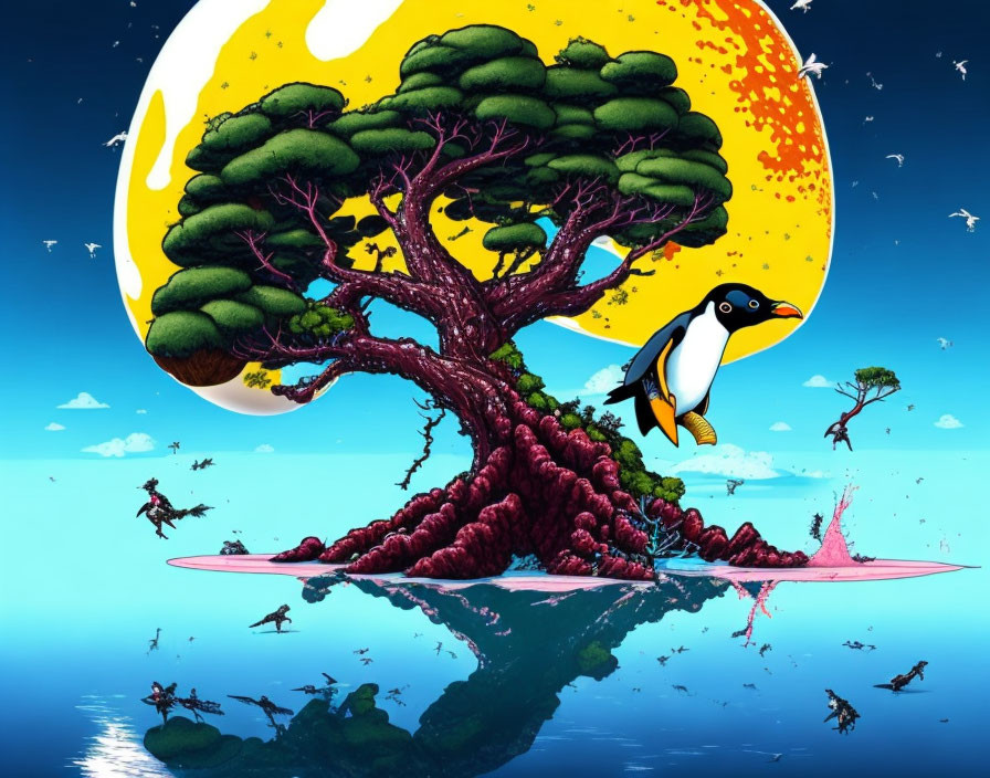 Whimsical penguin by vibrant tree on island with divers and moon reflected in water