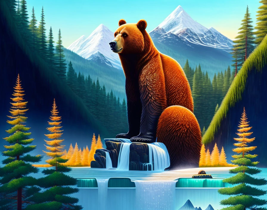 Brown bear on waterfall with pine trees and snow-capped mountains