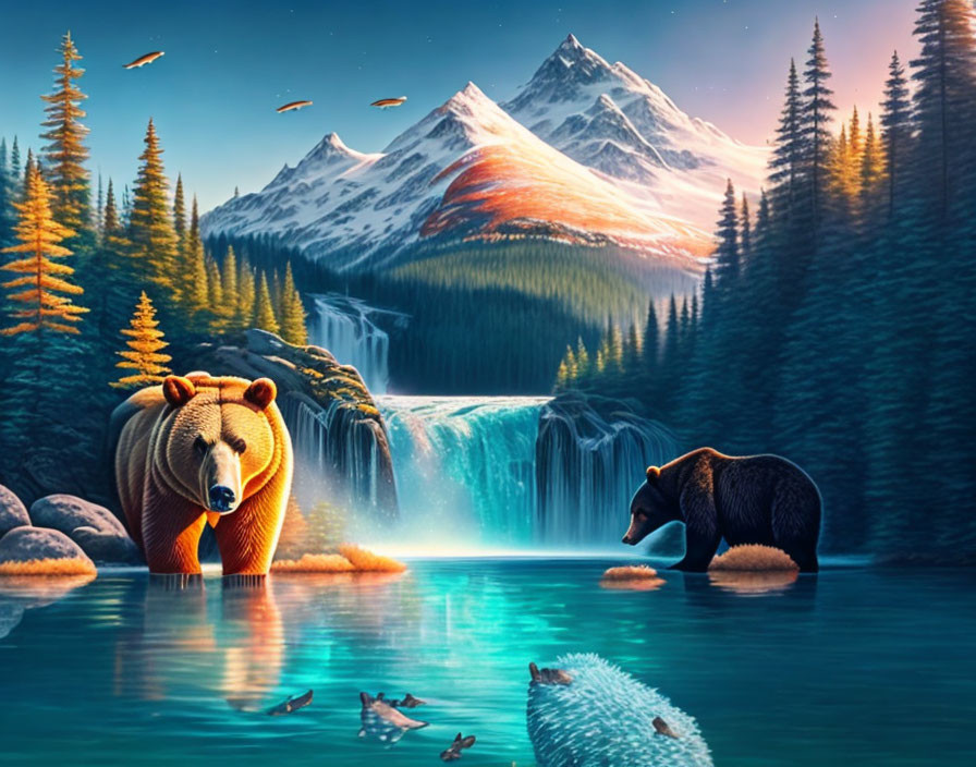 Bears by Waterfall in Forest with Wildlife and Mountains
