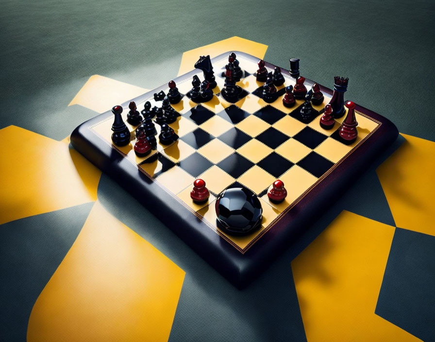 Modern Chessboard with Black and Red Pieces and Soccer Ball Pawn on Yellow and Green Background