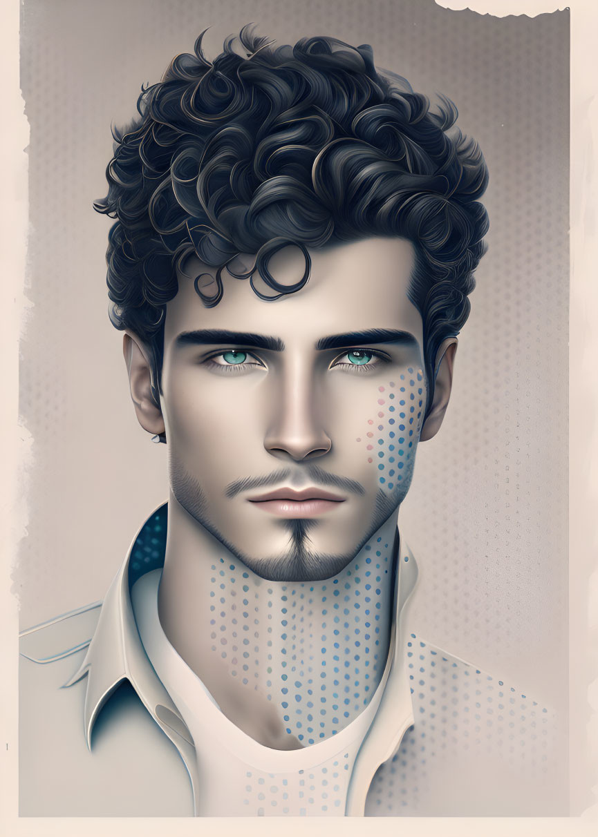 Man with Curly Hair and Blue Eyes with Blue Dots on Cheeks