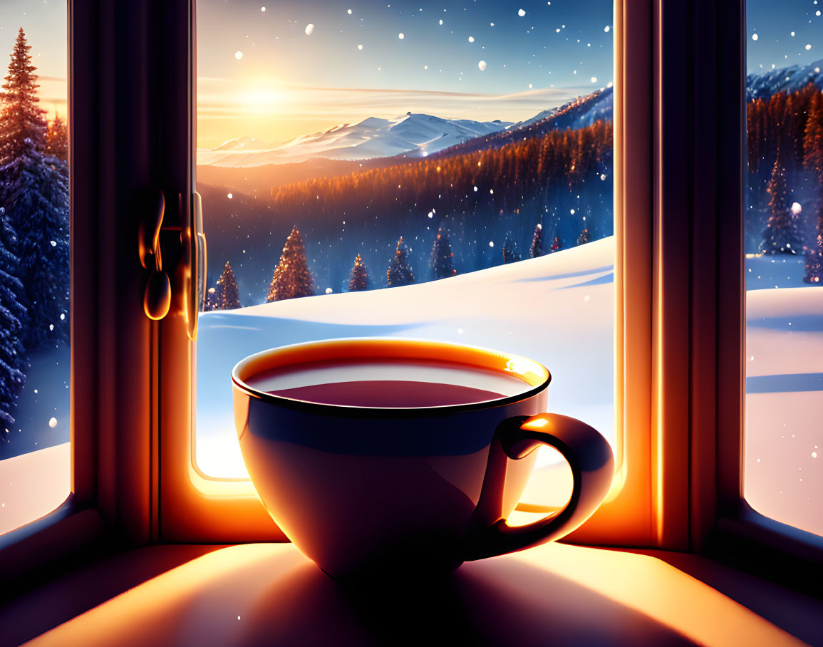 Steaming Cup on Windowsill Overlooking Snowy Mountain Landscape at Sunrise