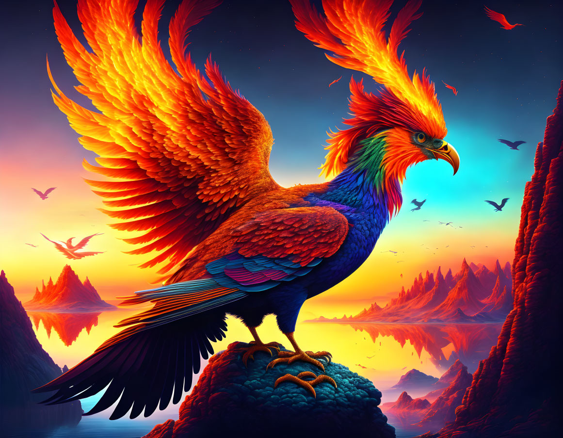 Majestic phoenix with fiery wings in colorful fantasy landscape