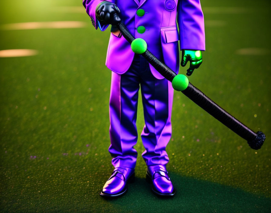 Vibrant purple suit with neon green glove holding a black baseball bat